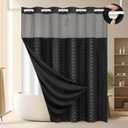 No Hook Shower Curtain and Liner Set, Black Snap in Shower Curtain Ringless Chevron Tufted Cloth Waterproof Washable Fabric Bath Curtain with See Through Top Window for Bathroom Hotel 71" x 74"