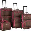 Rockland Fashion Softside 4 Piece Luggage Set, Expandable, (14" Tote/19"/24"/28"), Pink Leopard