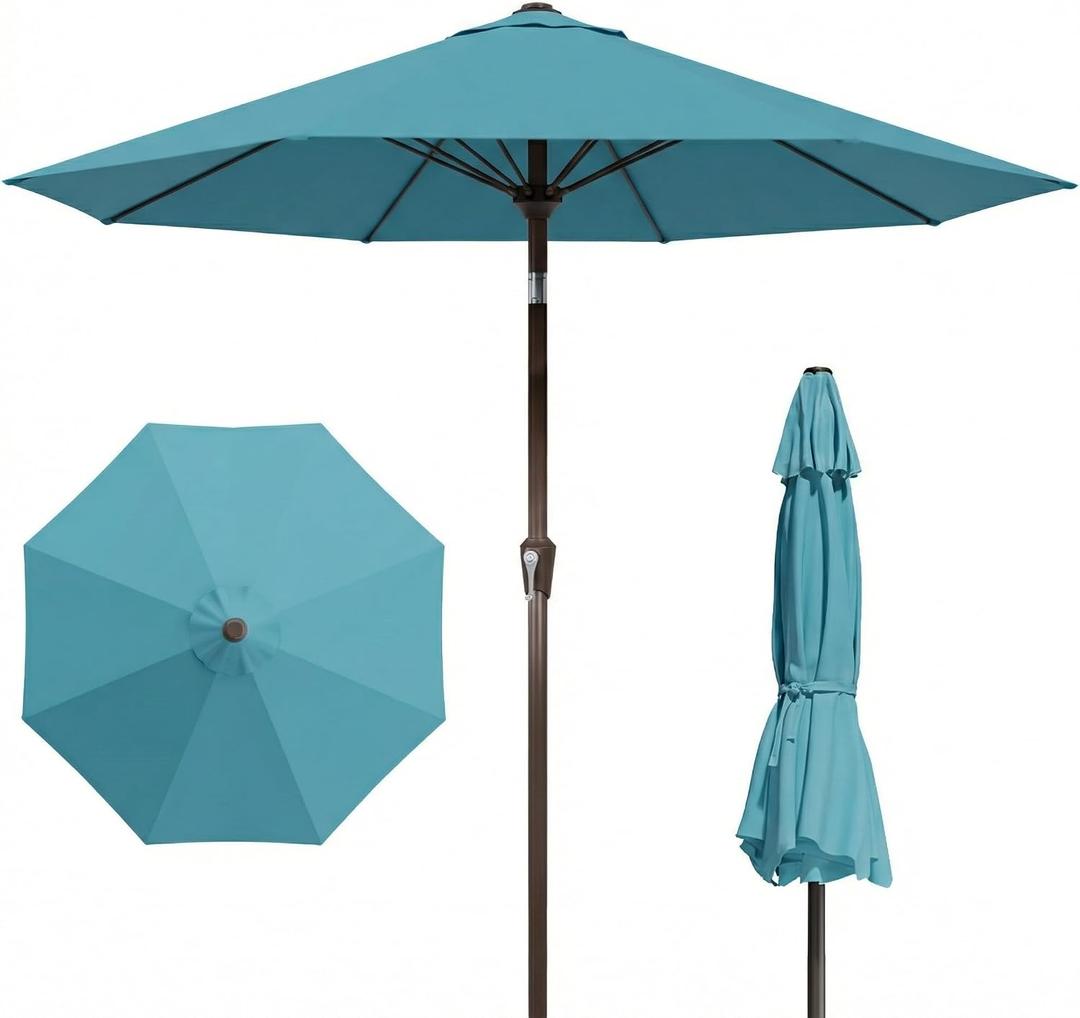 9FT Patio Umbrella Outdoor Table Umbrella w/Push Button Tilt and Crank, 8 Sturdy Ribs, UV Resistant Waterproof Market Umbrella for Pool, Deck, Backyard, Garden, Sky Blue