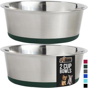 GORILLA GRIP Set of 2 Dog Bowls, Heavy Duty Metal Food and Water Bowl for Feeding Dogs and Cats, Dishwasher Safe, Rust Resistant Stainless Steel, BPA Free Rubber Base, Holds 2 Cups (16 fl oz), Green