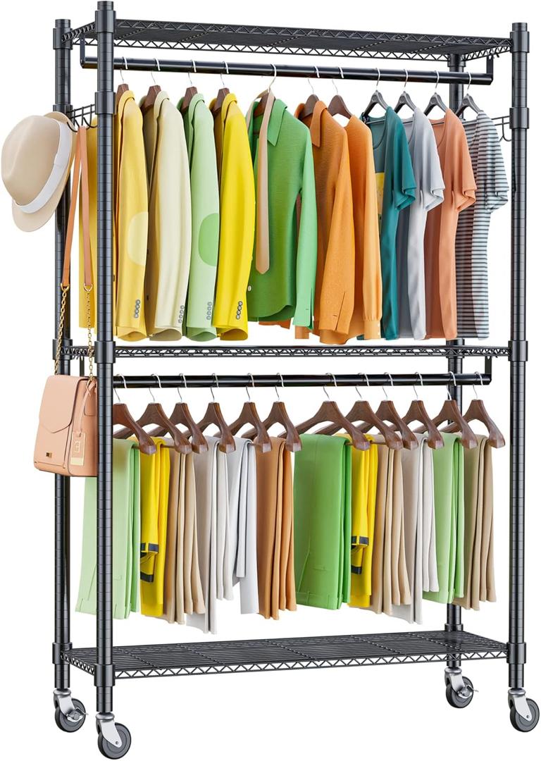 Homdox Double Rod Closet 3 Shelves Wire Shelving Clothing Rolling Rack Heavy Duty Garment Rack with Wheels and Side Hooks