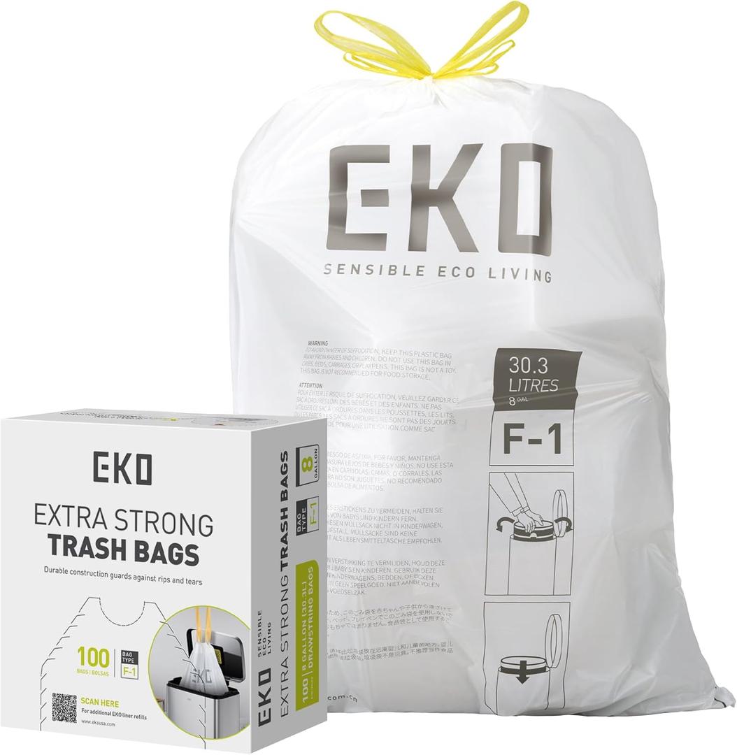 EKO 8 Gallon / 30.3 Liter,100 Count Drawstring Trash Bags, Extra-Strong Unscented Garbage Bags, Easy-Dispense Roll for Kitchen & Household Use, Resists Tears, Leaks and Punctures, Code F-1, White