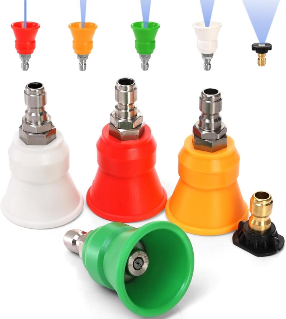 5 Pcs Pressure Washer Nozzle Guards, Power Washer Nozzles Tips with Rubber Protector, Washing Nozzles Holder and Soap Nozzle, Pressure Washing Tips with 1/4" Quick Connect, Orifice 3.0