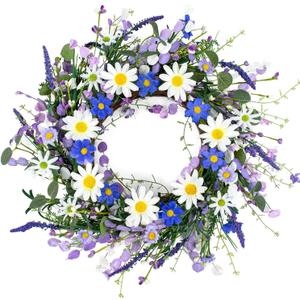18 Inches Spring Wreath for Front Door Country Summer Door Wreaths Farmhouse Spring Floral Wreath with Bluebonnet White Sunflowers Wildflowers for Window Wall Porch Indoor Outside Hanging Decoration
