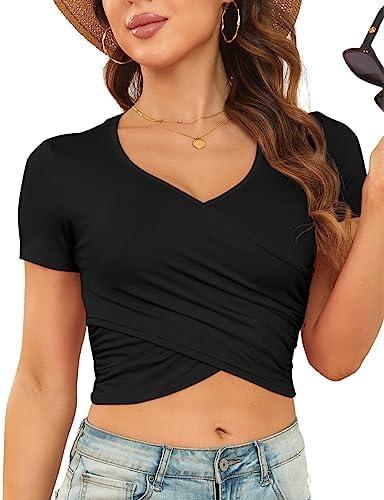 DSPSAM Womens Front Cross Wrap Crop Tops Deep V Neck Short Sleeve Fitted Going Out T Shirts, Size L