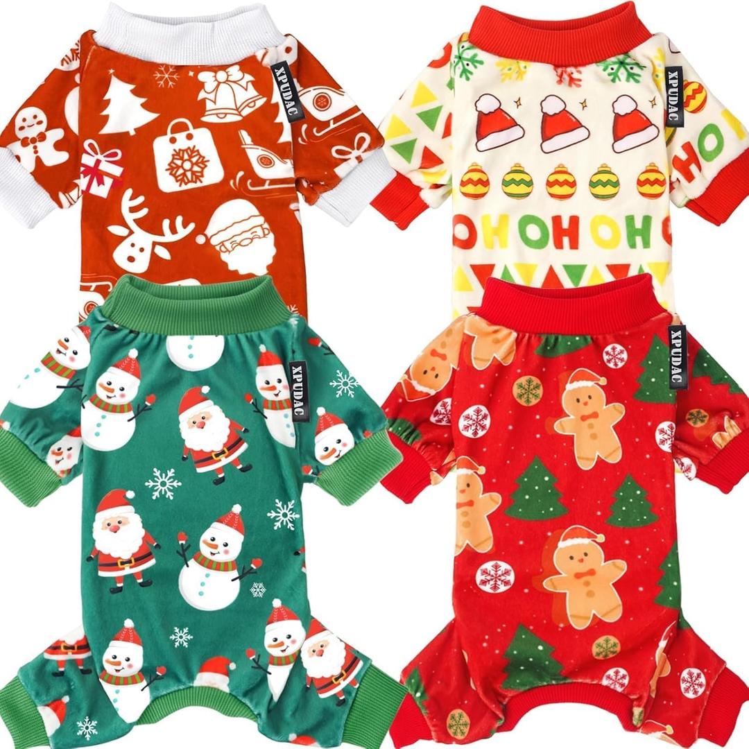 XPUDAC 4 Pieces Dog Christmas Pajamas Santa Pet Clothes Cute Dog Pajamas Red Green XX-Large