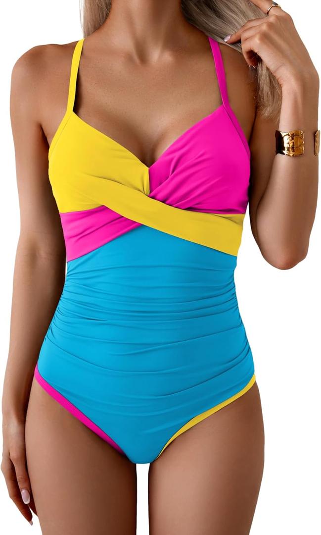 Eomenie One Piece Swimsuit for Women Tummy Control Ruched Bathing Suit Tie Back Slimming Swimsuit (L)