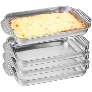 4Pcs 9x13 Stainless Steel Cake Pan Baking Pan Rectangle Cake Pans Rectangular Bakeware Baking Tray for Cakes Breads Fish Vegetables Dishwasher Safe