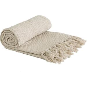Recycled Cotton Plain Waffle Textured Chair Sofa Set Throw Over Blanket in Ivory Cream 75x26in