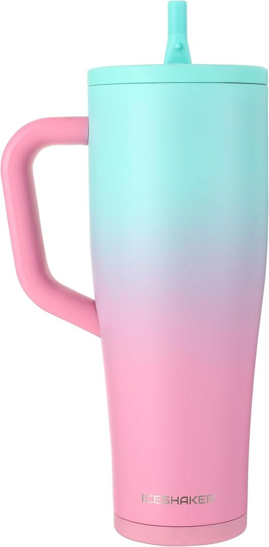 Ice Shaker 40 oz Tumbler with Handle and Straw | 40oz Pink Mint | Cold for 30+ Hours | 2-in-1 Tumbler Shaker Bottle | Odor-Free 40 ounce Bottle for Water, Protein Shakes, Smoothies, Cocktails