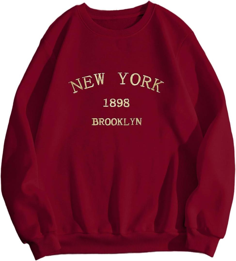 Hilinker Women's Graphic Crewneck Sweatshirts Casual Loose Long Sleeve Tops Cute Pullover, Burgundy New York, Large