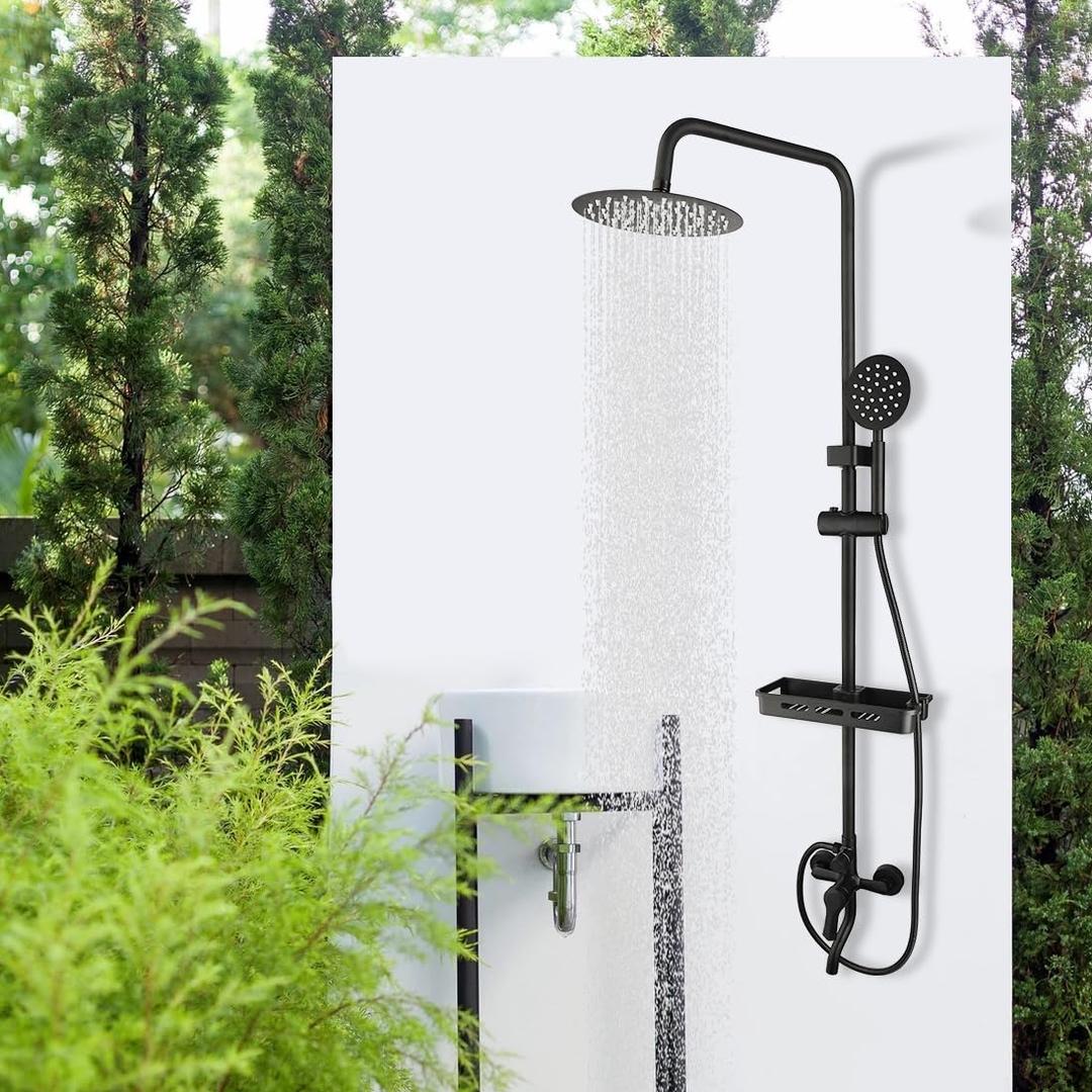 Matte Black Exposed Shower System 8 Inch Rainfall Shower Head 3 Functions Wall Mounted Outdoor Shower Fixtures Stainless Steel Bathroom Shower Set with Shower Shelf