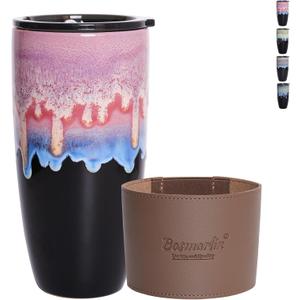 Bosmarlin Ceramic Travel Coffee Mug with Lid, 21 oz, Portable Coffee Cup for Car Cup Holder, Microwave and Dishwasher Safe, Reactive Glaze (Pink)