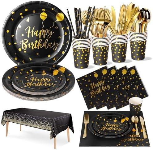 Nkaiso Birthday Party Tableware, 161 Pieces Black Gold Party Supplies, Party Dinnerware Sets Include Paper Plates Napkins Cups Silverware, for Shower Engagement Parties Decoration -20 Serves
