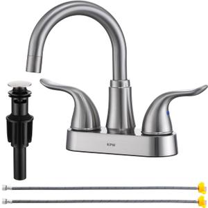 KPW Bathroom Sink Faucet 2 or 3 Hole Brushed Nickel Centerset 4 Inch Bathroom Sink Faucet 2 Handle Over ABS Non-Metallic Lavatory Bathroom Faucet with Pop up Drain Water Supply Hoses