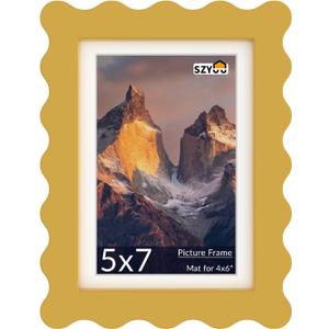 5x7 Wavy Picture Frame with Mat for 4x6, Real Glass and Wooden Frame - Tabletop or Wall Hanging Photo Frame(1 Pack, Yellow)