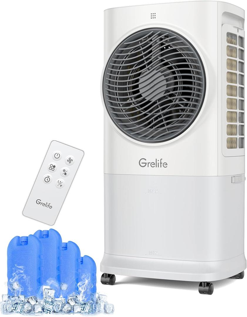 Grelife Portable Evaporative Air Cooler, 3-IN-1 Air Cooler Cooling Fan with Remote Control, 8H Timer, 4 Ice Packs, 6.5L Water Tank, 3 Modes, 3 Speeds, Personal Swamp Cooler for Bedroom