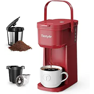 Tastyle K302 Single Serve One Cup Coffee Maker, for K Cups and Grounds, Mini Coffee Maker with Portable Handle, 6 to 12 Oz Brew Size, for Travel, Camping, Office, RV and Dorm, 120V, Vintage Red