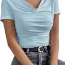 SOLY HUX Women's Cowl Neck Ruched Short Sleeve T Shirt Summer Solid Tee Tops (Blue, L)