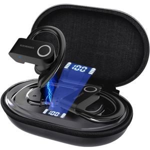 Wireless Earbuds with Earhooks, Bluetooth Earbuds Over Ear, 82H Long Battery Life,HiFi Stereo Running Headphones with Mic,PU Leather Charging Case,Waterproof Sport Ear Buds for Android Gym Working Out (Carbon Black)