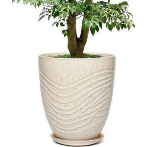 11.8 Inch Modern Ceramic Plant Pot with Saucer, Flower Pot with Drainage Hole Mesh Net,Indoor Outdoor Planter (Silk White)
