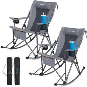 FUNDANGO Oversized Rocking Camping Chair for Adults, 2 Pack Portable Folding Lawn Chairs for Outside with Pillows, Wide Armrest, 2 Cup Holders, Carry Bag for Patio Garden Outdoor Supports 400Lbs(Gery), Large