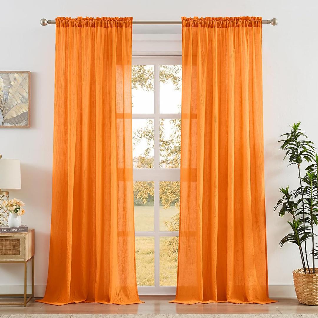 Anpark Orange Sheer Curtains 108 Inches Long for Living Room Patio Sliding Door, Elegant Cotton Textured Light Filtering Semi Sheer Curtains Linen Farmhouse Voile Drapes, W52 x L108 in, 2 Panels