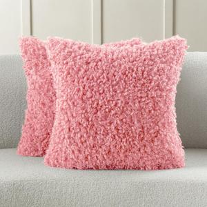 FUTEI Pack of 2 Decorative Throw Pillow Covers 22x22 Inch,Soft Fluffy Faux Wool Fur Boucle Textured Cushion Case,Modern Home Decor for Couch Bed Living Room Office,Pink