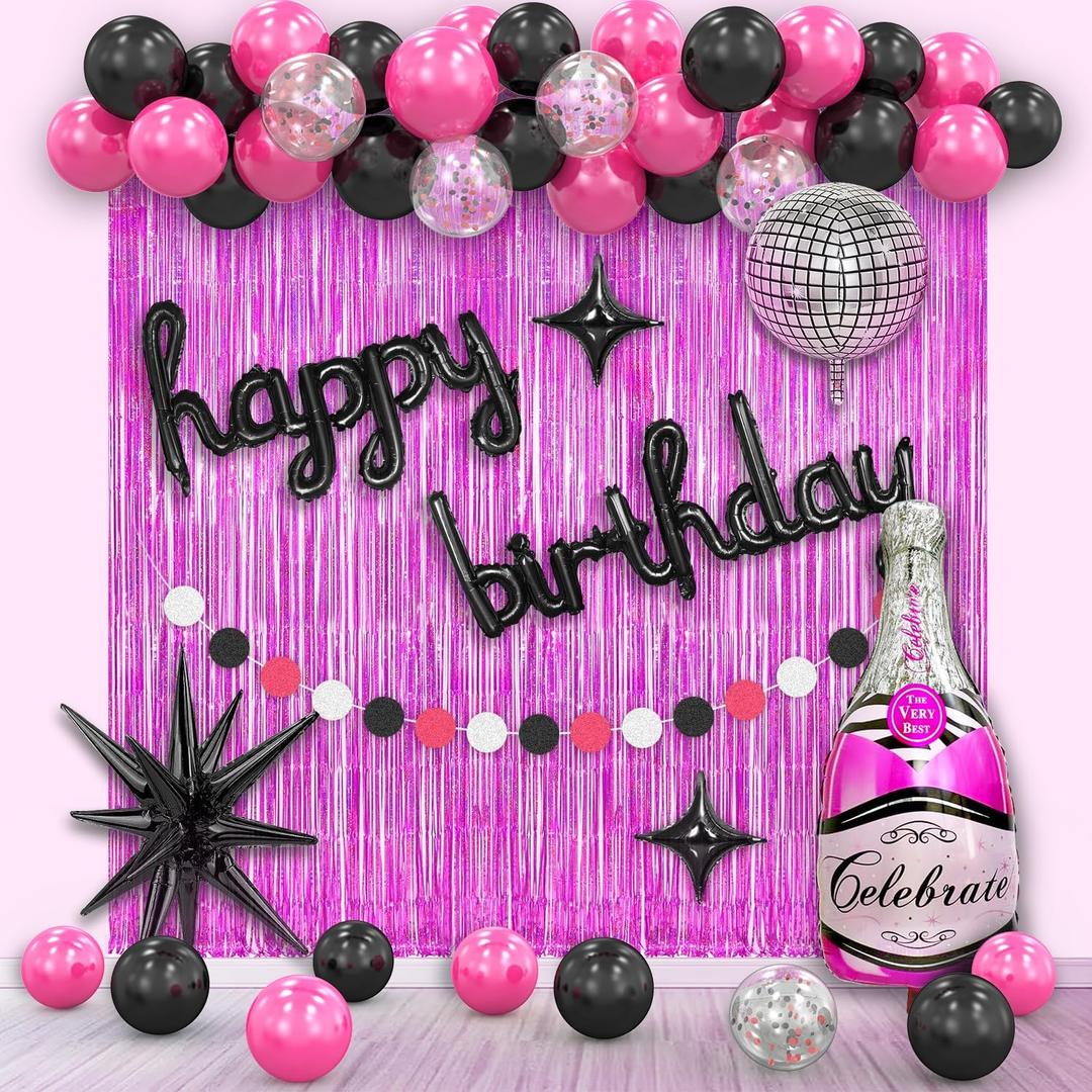 Birthday Decorations for Girls Women Pink Black, Hot Pink Balloon Garland Arch Kit, Happy Birthday Banner Backdrop Background, Fringe Curtains, Party Decor Supplies.