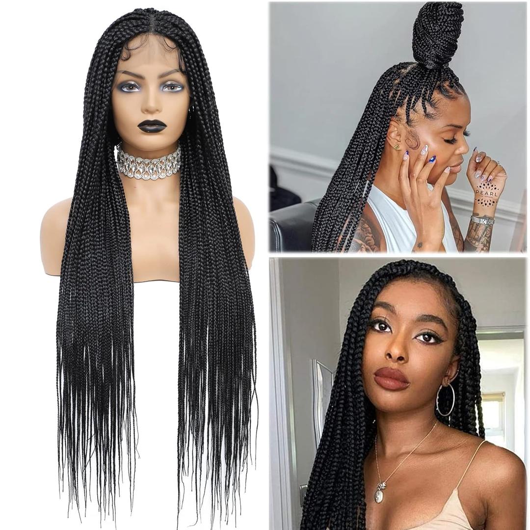 Braided Wigs for Black Women, Full Double Lace Front Braided Wigs Box Braid Wig Knotless Braided Wig Transparent Lace Frontal Wigs Square Based Pre Plucked Hand Braided Wigs With Baby Hair