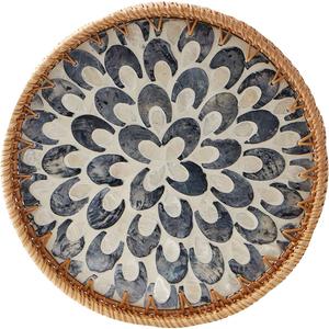 Round Rattan Tray with Mother of Pearl Inlay, Rattan Serving Tray with Wooden Base, Decorative Wicker Basket for Table Decor, Storage and Display of Coffee Bread Food Fruit (Plume 13.5")