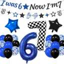 6 7 Birthday Decorations Six Seven Theme Birthday Party Decor Happy Birthday Decoration Funny 6 7 Meme Party Supply with I was 6 Now I'm 7 Banner 6 7 Balloon Blue Black and Checkered Balloons