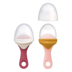 Boon Pulp Silicone Baby Fruit Feeder - Soft Silicone Baby Feeding Set - Fruit and Vegetable Baby Led Weaning Supplies - Baby Feeding Essentials - Orange/Mauve and White/Mauve- 2 Count