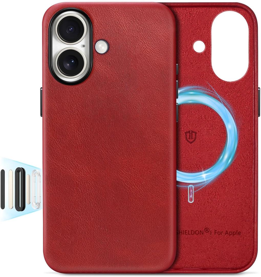 SHIELDON Genuine Leather Case for iPhone 17 6.3" 2025, Compatible with Magsafe, Camera Button Updated, Magnetic Wireless Charging, Slim Fit, Non-Slip, Shockproof Protective Phone Cover - Retro Red