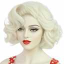 ANOGOL Hair Cap+ White Curly Wig Women Short Blonde Wig Cosplay Big Wavy 80s Flip Wigs Blonde Wavy Bob Wigs White Synthetic Hair Halloween Party Costumes Classic Outfit (Non-Lace)