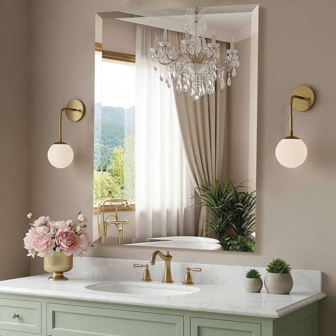 22x30 Inch Frameless Wall Mirror with 1" Beveled Edge, Frameless Rectangle Mirror for Bathroom, Vanity, Living Room