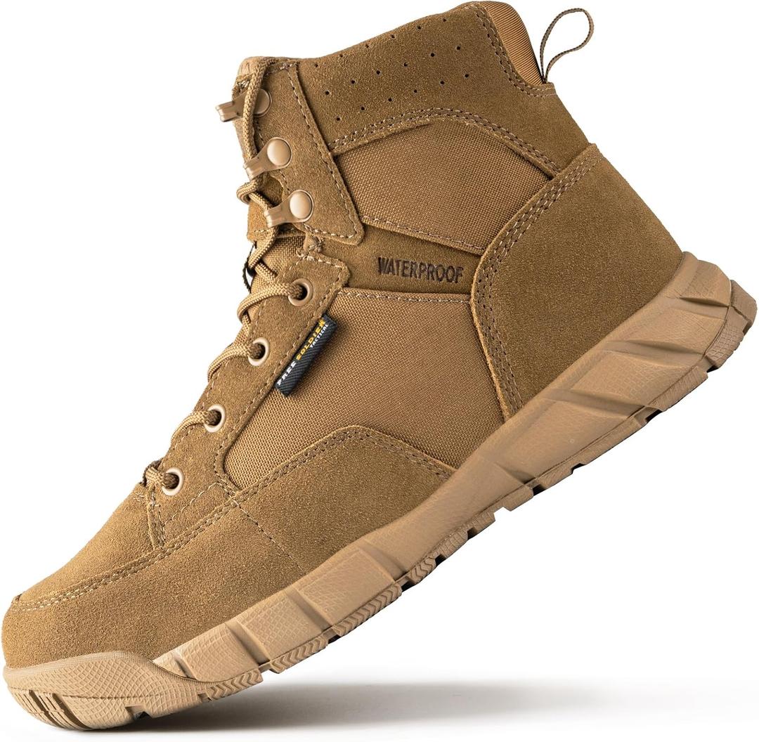 FREE SOLDIER Men's Durable Work Boots 6 Inches Lightweight Waterproof Hiking Boots Suede Leather Tactical Boots (9.5, Brown)