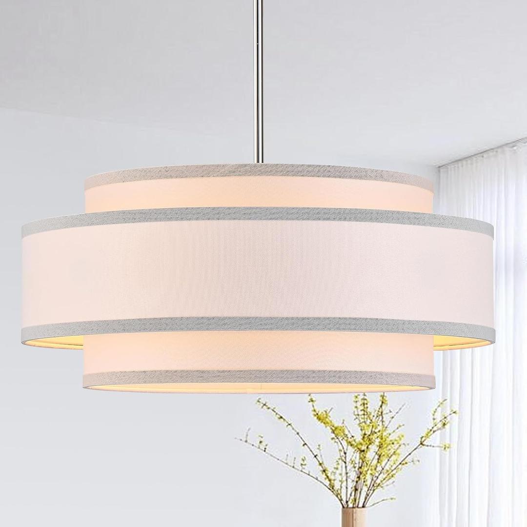 19.7" Chrome Drum Chandelier, 4-Light Linen Light Fixture
