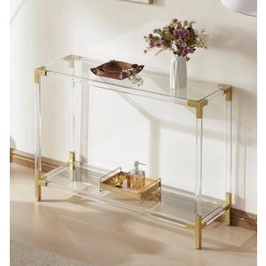 Rectangle Glass Console Table, Modern Design 2-Tier Sofa Table for Living Room & Bed Room, L41*W13*H29 inch, Clear Glass Top, Acrylic Frame and Gold Finish Metal Frame, Medium