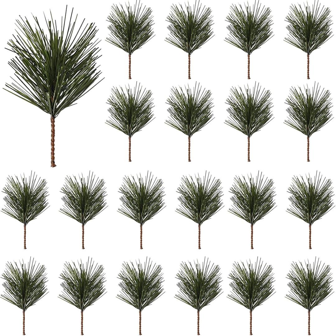 NSBELL 25PCS Artificial Green Pine Needles Branches- Small Pine Twigs Stems Picks- Fake Greenery Pine Picks for Christmas Garland Wreath Embellishing and Home Holiday Garden Decoration