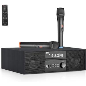 Pyle Home CD/DVD Stereo Shelf System - 200W Remote Operated Player w/Wireless Microphone, BT Connectivity, FM Radio/USB/Earphone/AUX, Supports HDMI, Adjustable Bass/Treble (Full Black) Pyle Home CD/DVD Stereo Shelf System - 200W Remote Operated Player w/Wireless Microphone, BT Connectivity, FM Radio/USB/Earphone/AUX, Supports HDMI, Adjustable Bass/Treble (Full Black)