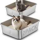 Qiuma 2 Packs Stainless Steel Cat Litter Box, 17.6" L×13.6" W×6" H, Metal Kitty Litter Box with High Sided for Small Cats, Non-Stick, Easy to Clean, Odor-Free