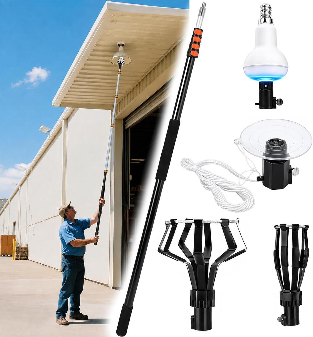 Kyxeuo Telescoping Light Bulb Changer for High Ceilings 26FT Reach, 5-20FT Pole,Tall Ceiling Light Bulb Changer with Baskets & Suction Cup Extended Pole Light Bulb Changer for Recessed Lights