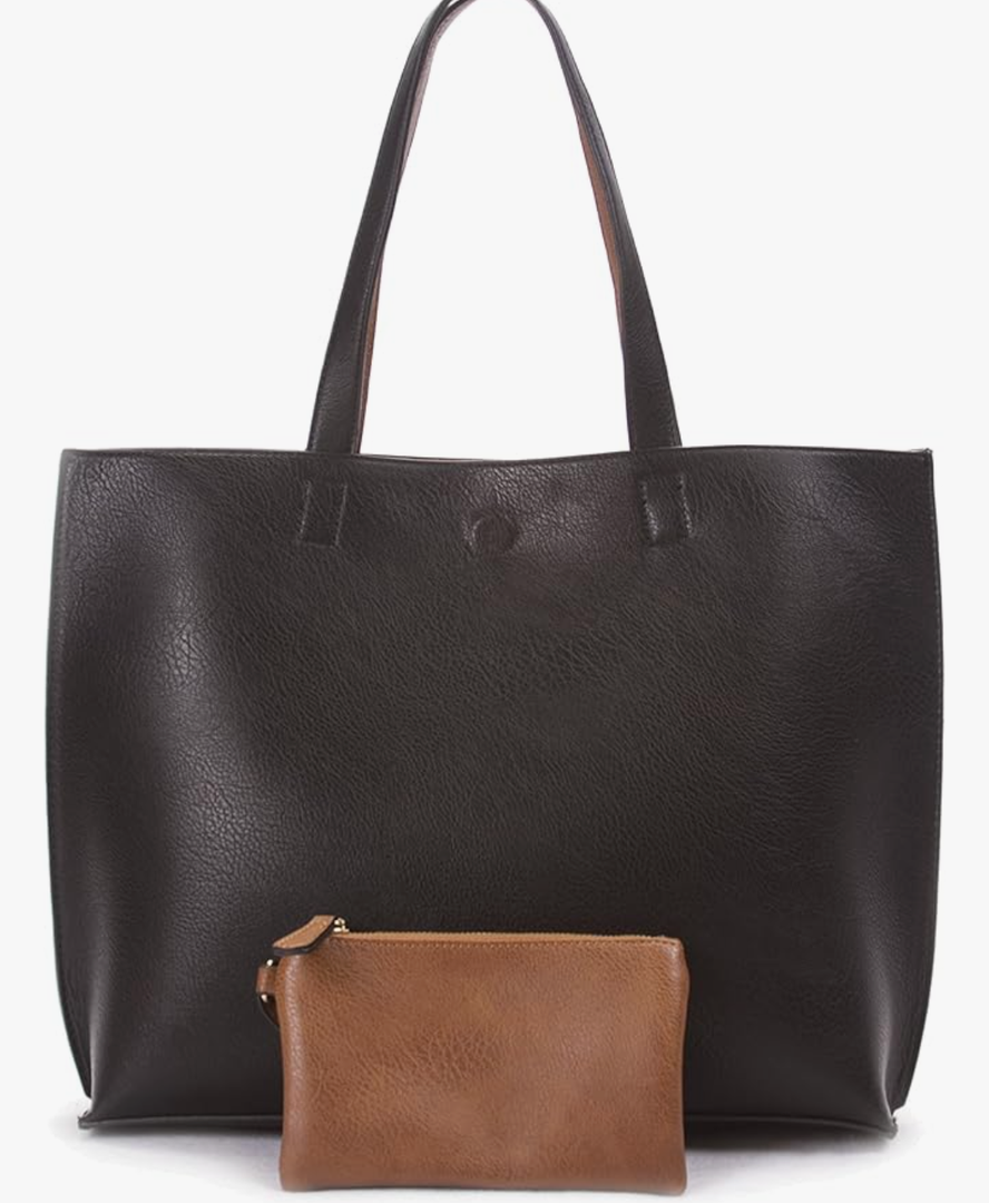 Reversible Tote Bag - Vegan Leather Womens Shoulder Tote with Wristlet