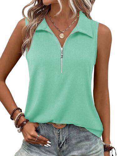 Imily Bela Women's Summer Sleeveless Tank Tops Zipper V Neck Ribbed Dressy Casual Blouses Loose Business Polo Shirts Size M