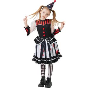 Clown Costume for Kids, Scary Killer Jester Dress with Headpiece Socks for Girls Halloween Creepy DressUp Party (XS)