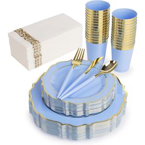 175PCS Baby Blue and Gold Plastic Plates  50 Disposable Party Plates 25 Cups 75 Baroque Blue Cutlery 25 Napkins  for Baby Showers, Weddings, Birthdays & Party Decorations, Easter