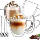 DINGPAl 4 Pack 8oz Double Wall Glass Coffee Mugs,Heat-resistant Borosilicate Glass Mug Cappuccino Espresso Tea Latte Cup with Handle,4 Spoons for Stirring Beverages in Bar,Cafe,or at Home