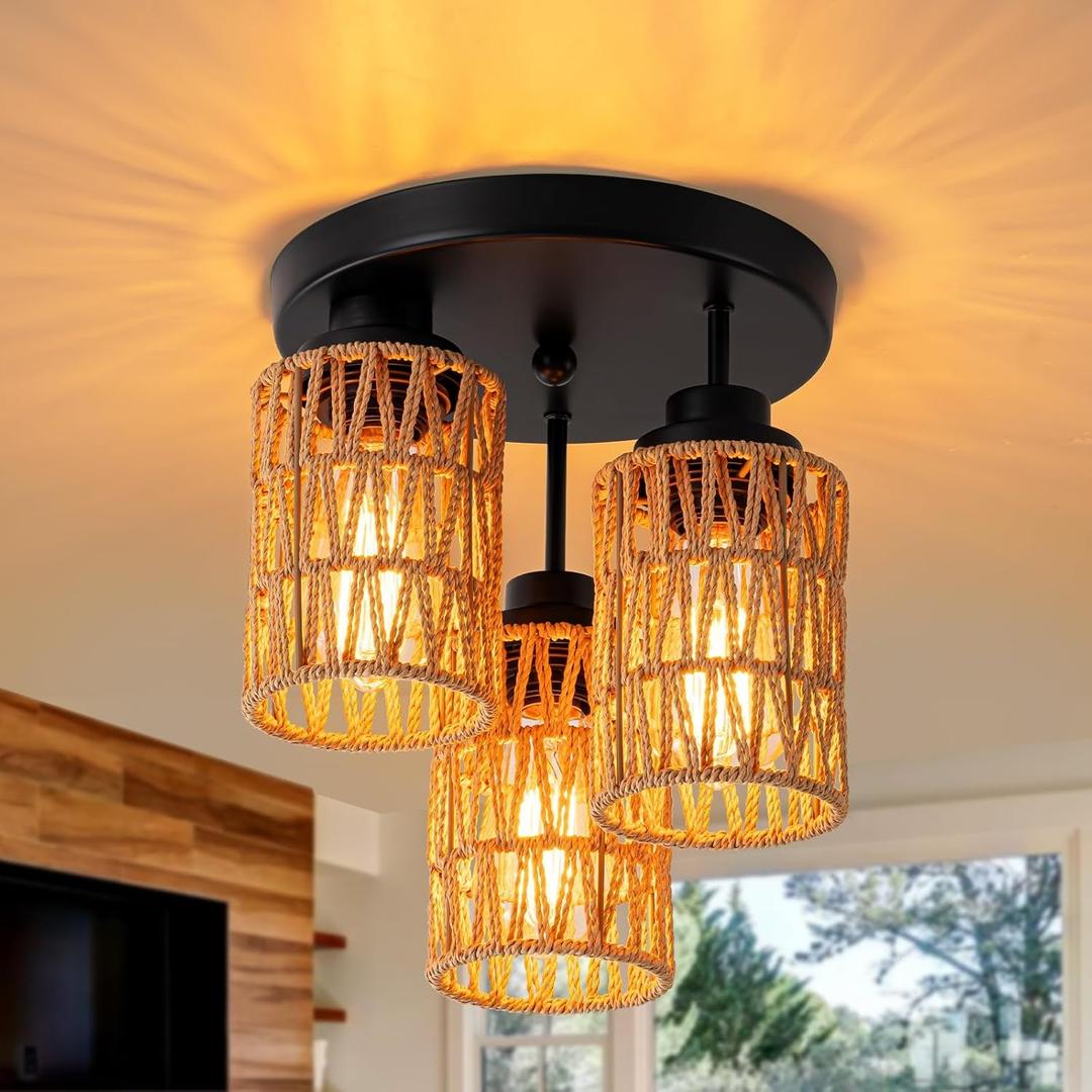 Boho Ceiling Light Fixture, 3-Light Rattan Semi Flush Mount Ceiling Light Fixture with Hand-Woven Shade Rattan Light Fixture Ceiling Mount for Bedroom Hallway Entryway