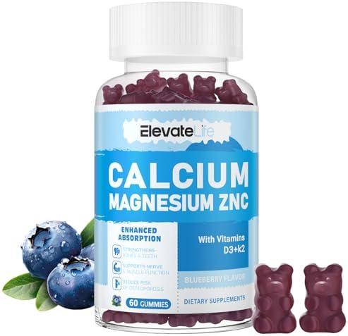 Calcium Magnesium Zinc Gummies with Vitamin D3 & K2 - High Potency Enhanced Absorption -60 Blueberry Gummies Flavored, EXP 08-2026